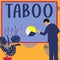 Text caption presenting Taboo. Word for a social or religious custom prohibiting or forbidding person, place, or thing