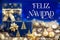 Text Feliz Navidad, Means Merry Christmas, Golden And Blue Christmas Decoration