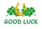 Text GOOD LUCK, clover leaves and horseshoe on background