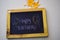 Text Happy Birthday on the chalkboard and colorful chalk,autumn leaf origami. White background