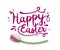 Text Happy Easter, purple on white with pink tulip, illustration