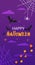 text Happy Halloween on the background of the night cloudy starry sky with bats cobwebs and garland