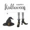 Text Happy Halloween with witches legs in shoes and hat