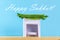 Text of Happy Sukkot. A hut made of paper covered with leaves on a blue background. Postcard, congratulations.