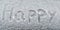 Text Happy in the white snow. Handwriting the word Happy in the snow. Snow background texture and cold winter concept