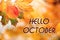 Text Hello October and autumn leaves on background, bokeh effect