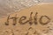The text Hello writing on the sand beach