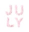 text JULY on white background. letters lined with fresh petals peony of the pink color.