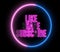 Text of `LIKE, SHARE, SUBSCRIBE` inside neon colorful circle. Social media animation