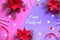 Text Merry Christmas. Poinsettia, snowflakes, dual-color paper confetti. Top view, red purple design