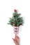Text Merry Xmas on flower pot with Xmas tree twigs decorated with red Xmas baubles and pine cones. Hand balances it on