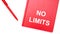 The text NO LIMITS is written on a red notepad near a red pen on a white table in the office. Business concept
