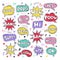 Text patch stickers. Speech comic funny text patch stickers, Cool, Bang and Wow doodle comical speech clouds, thinking
