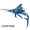 Text - plastic ocean. Swordfish for laser cutting, plotter and scrapbooking. Plastic trash planet pollution concept vector