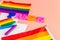 Text pride, with lgbt rainbow flag. creative photo.