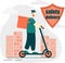 Text Safety delivery. Cute courier boy in mask on scooter on blue background with buildings vector flat illustration