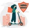 Text Safety delivery. Cute courier girl in mask on scooter on blue background with buildings vector flat illustration
