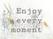 Text saying enjoy every moment on cement wall with little grass flowers.