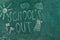 Text School`s Out and drawings on chalkboard. Summer holidays