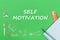 Text self motivation, school supplies wooden miniatures, notebook with ruler, pen on green backboard