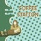 Text showing inspiration Coffee Station. Word for a small informal restaurant where hot drinks are served Woman Sitting