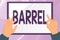 Text sign showing Barrel. Business overview cylindrical container bulging out in the middle made of wooden staves Hands