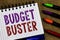 Text sign showing Budget Buster. Conceptual photo Carefree Spending Bargains Unnecessary Purchases Overspending Open spiral notebo