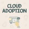 Text sign showing Cloud Adoption. Business concept strategic move by organisations of reducing cost and risk Hand