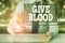 Text sign showing Give Blood. Conceptual photo demonstrating voluntarily has blood drawn and used for transfusions