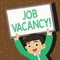 Text sign showing Job Vacancy. Conceptual photo state of being empty or available job to be taken employer Young Smiling