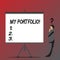 Text sign showing My Portfolio. Conceptual photo Samples of work Art drawings photography Businessman with Question Mark