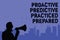 Text sign showing Proactive Predictive Practiced Prepared. Conceptual photo Preparation Strategies Management Man holding megaphon