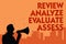 Text sign showing Review Analyze Evaluate Assess. Conceptual photo Evaluation of performance feedback process Man holding megaphon