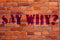 Text sign showing Say Whyquestion. Conceptual photo Give an explanation Express reasons Asking a question Brick Wall art