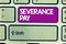 Text sign showing Severance Pay. Conceptual photo Amount paid to an employee on the termination of a contract