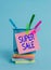 Text sign showing Super Sale. Conceptual photo offering exceptional discounts on selected products and services Sticky note arrow