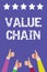 Text sign showing Value Chain. Conceptual photo Business manufacturing process Industry development analysis Men women hands thumb