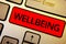 Text sign showing Wellbeing. Conceptual photo Healthy lifestyle conditions of people life work balance Keyboard brown keys yellow