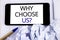 Text sign showing Why Choose Us Question. Conceptual photo Reasons to select our Services Products or Offers written on Mobile Pho