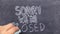 Text sorry we`re closed written with chalk on old blackboard.