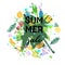 Text Summer  sale, discount banners.Juicy pineapple, citrus with grunge elements, ink drops, tropical plants, abstract background