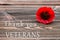 The text thank you veterans written in a chalkboard and red poppy on a rustic wooden background.