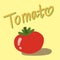 Text `tomato`. Tomato illustration. Drawn Tomato on yellow backgroung. Simple illustration. Simple paint. Vegetable concept. Sketc