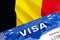 text VISA on Belgium visa stamp in passport. passport traveling abroad concept. Travel to Belgium concept - selective focus,3D