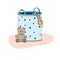 Textile basket for toys with cute plush teddy bear. Colorful vector cartoon illustration for children isolated on white