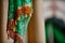 Textile decorations hanging inside Indian temple macro