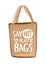 Textile environmentally friendly reusable shopping bag or eco shopper with lettering Say No To Plastic Bags handwritten