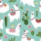 Textile fabric seamless patterns with illustrations of llama and cactus