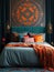 Textile with orient motifs. Moroccan or eclectic, bohemian interior design of modern bedroom