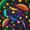 Textile seamless pattern of colorful umbrellas and autumn leaves